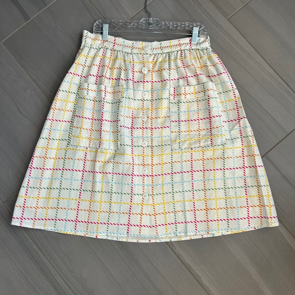 Modcloth linen skirt, button front, with rainbow stripes, size 12